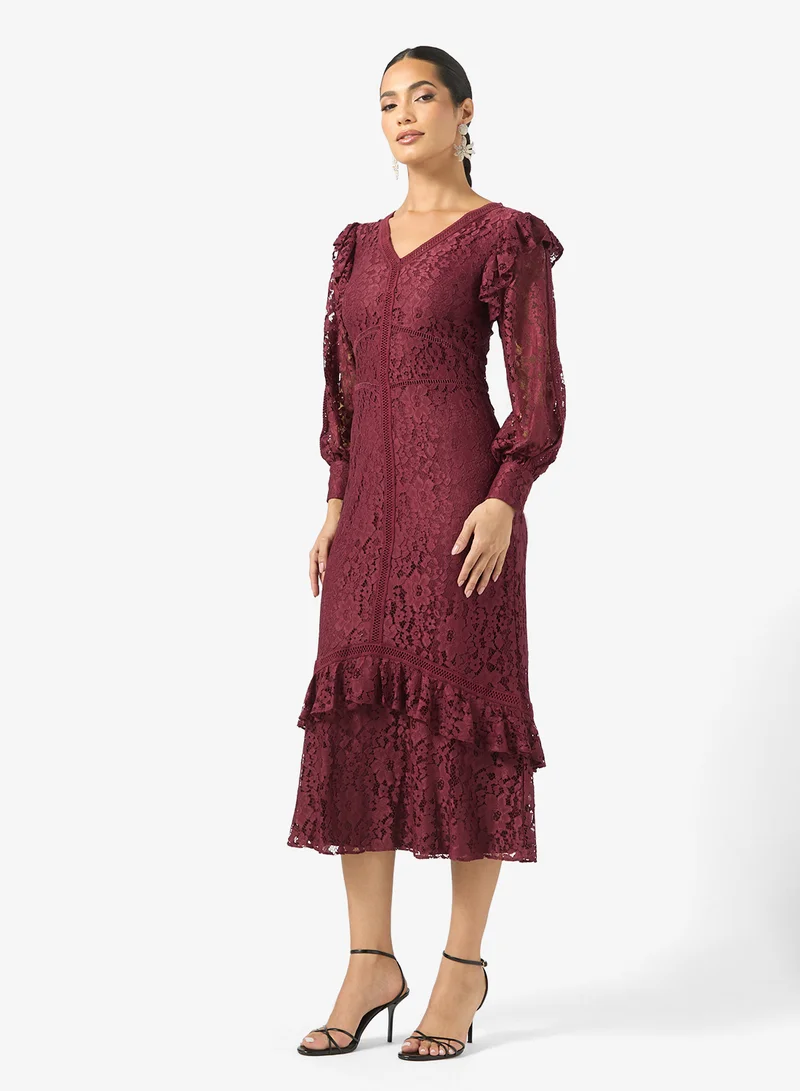 Frock and Frill V-Neck Frill Detailed Midi Dress
