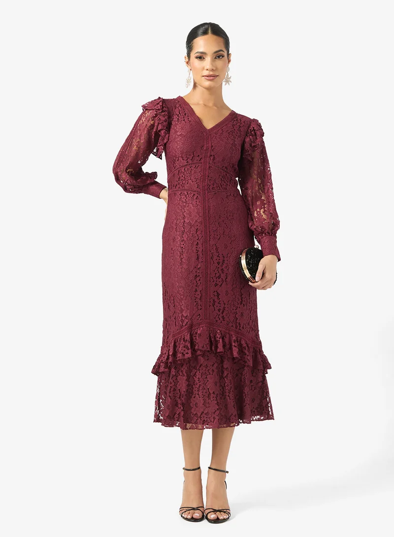 Frock and Frill V-Neck Frill Detailed Midi Dress