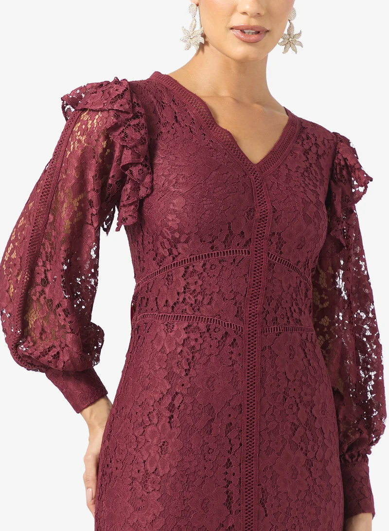 Frock and Frill V-Neck Frill Detailed Midi Dress
