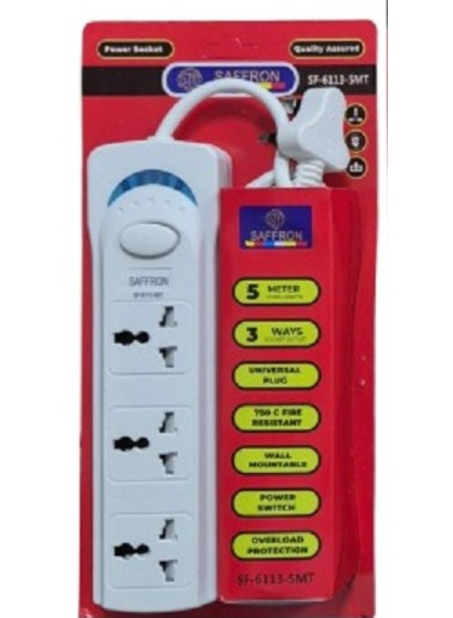 Extension Socket – 3 Way – 5 Meter Cable – With Switch & Overload Protection