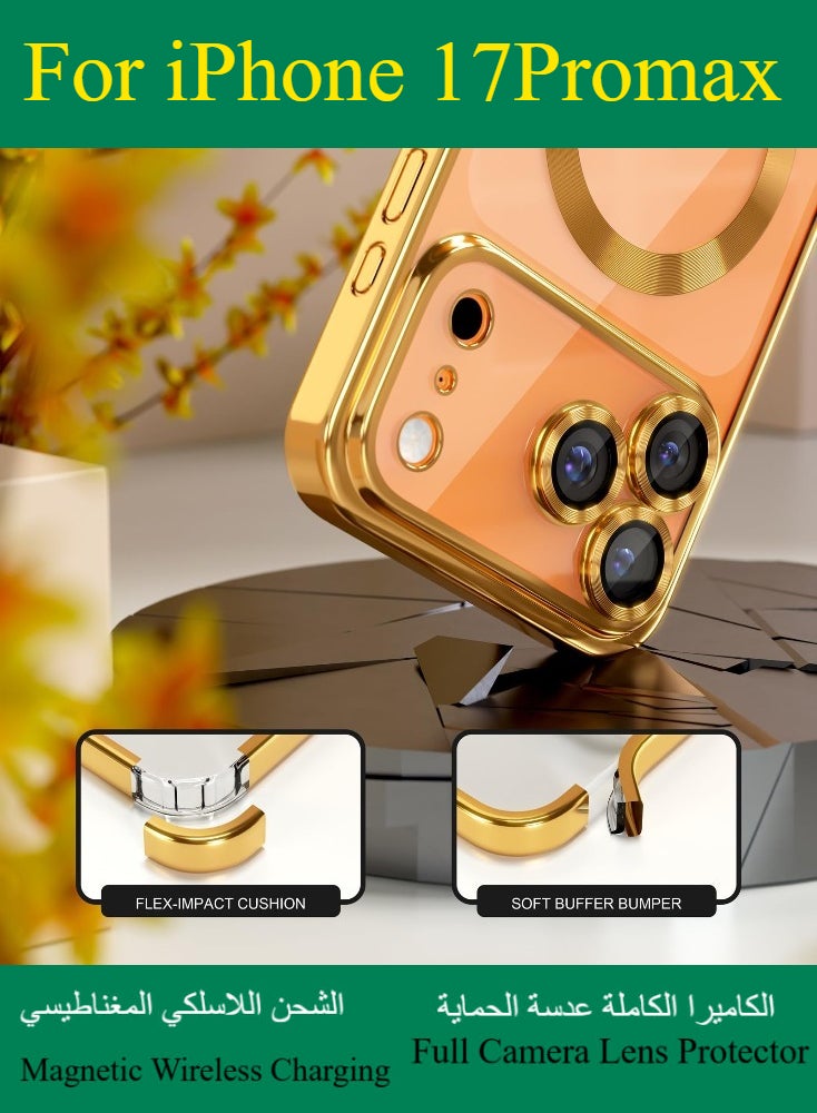 Dili Apple Gold Case iPhone 17 Pro Max Magnetic Magsafe Case Compatible with MagSafe [Never Yellowing] [Military Grade Drop Protection] Full Camera Lens Protector Plating Soft Clear Phone Case for Women and Men Cover - Image 3