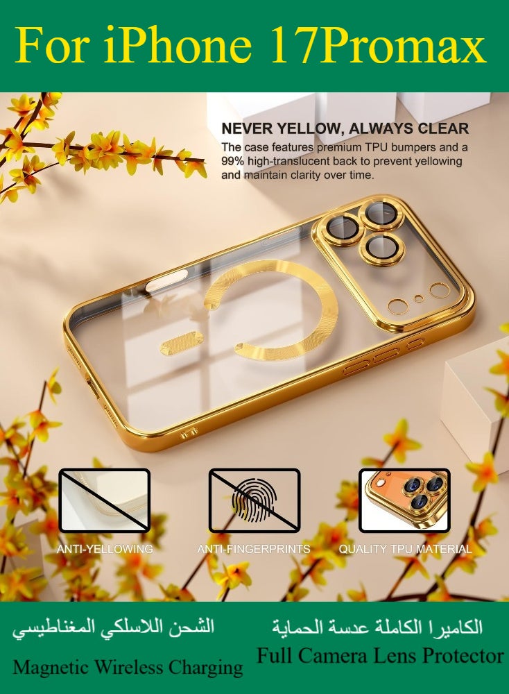 Dili Apple Gold Case iPhone 17 Pro Max Magnetic Magsafe Case Compatible with MagSafe [Never Yellowing] [Military Grade Drop Protection] Full Camera Lens Protector Plating Soft Clear Phone Case for Women and Men Cover - Image 1