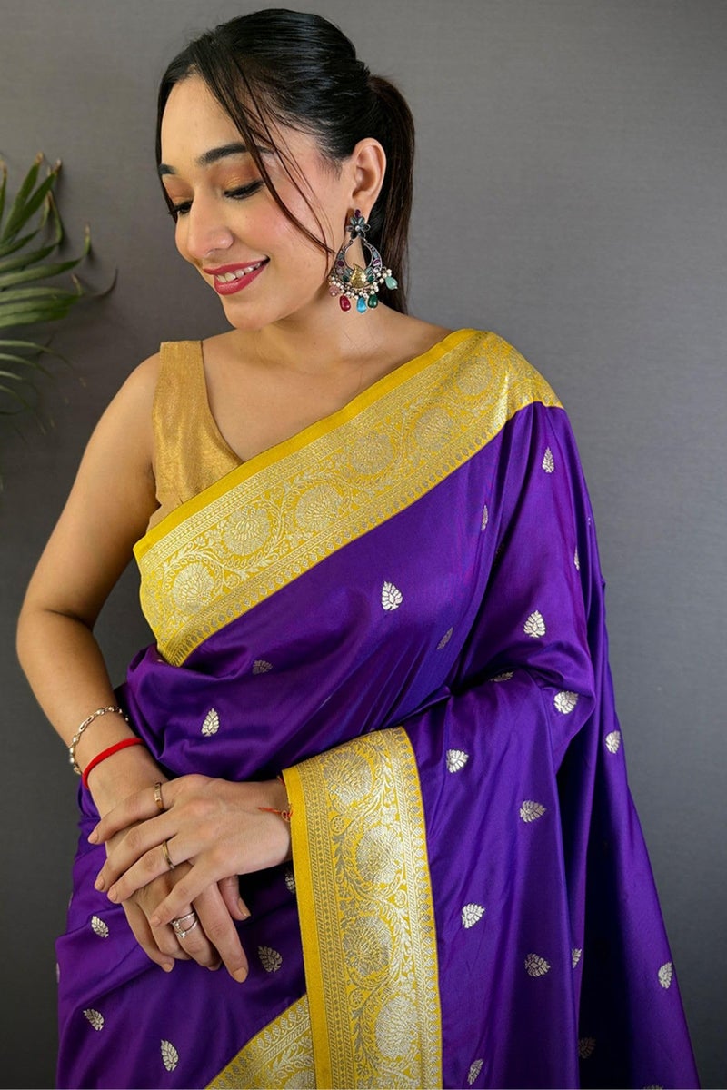 SGF11 Women's Kanjivaram Satin Pure Soft Silk Saree With Unstitched Blouse Piece (Purple) - Image 3