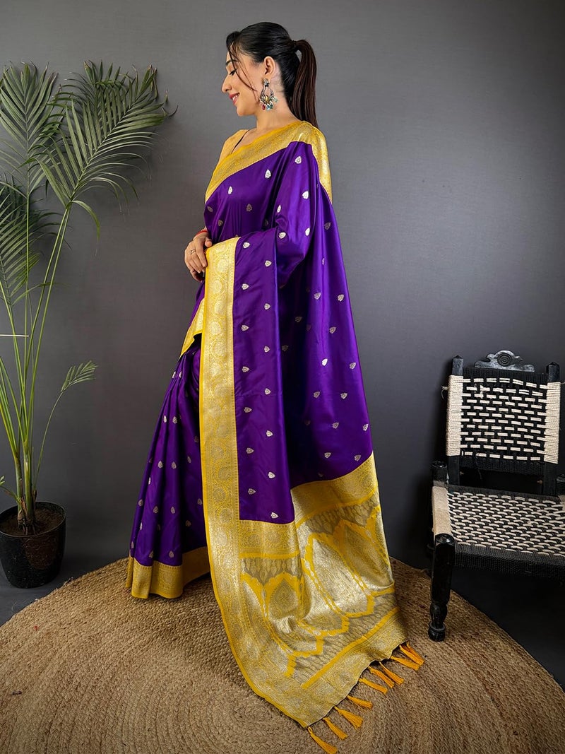 SGF11 Women's Kanjivaram Satin Pure Soft Silk Saree With Unstitched Blouse Piece (Purple) - Image 4