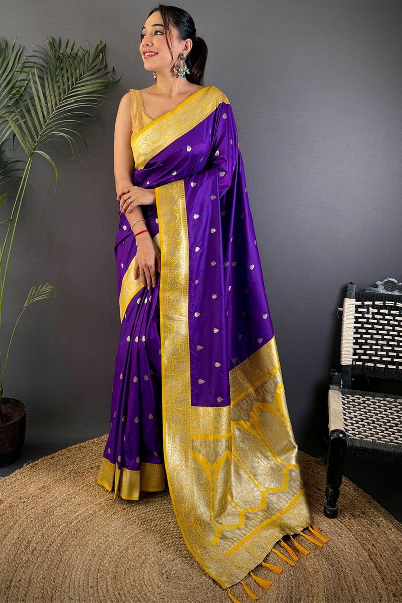 SGF11 Women's Kanjivaram Satin Pure Soft Silk Saree With Unstitched Blouse Piece (Purple) - Image 2