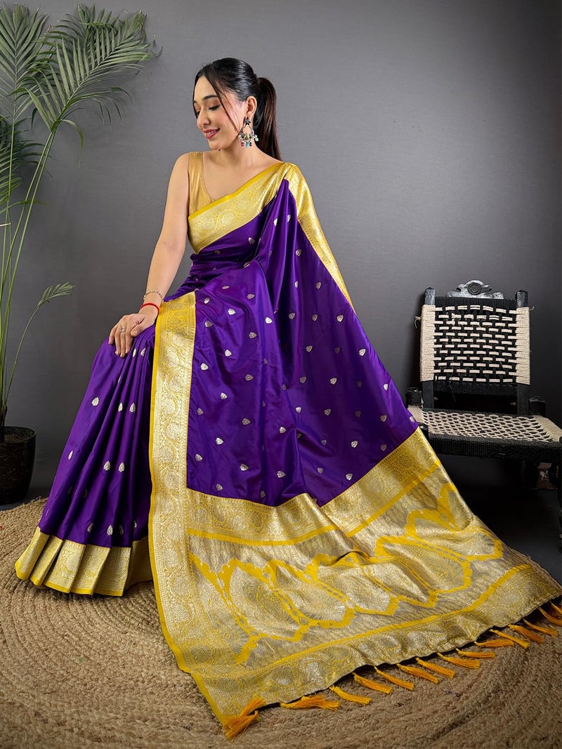 SGF11 Women's Kanjivaram Satin Pure Soft Silk Saree With Unstitched Blouse Piece (Purple) - Image 5