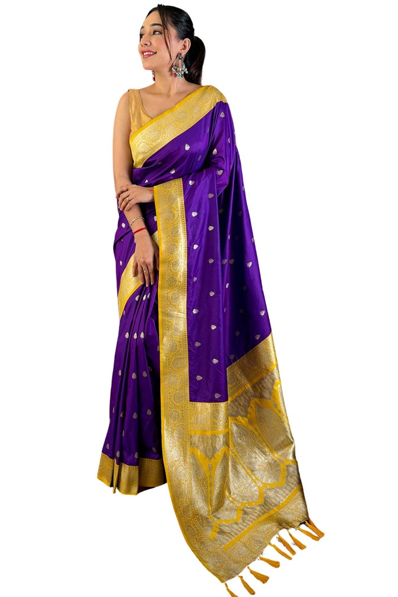 SGF11 Women's Kanjivaram Satin Pure Soft Silk Saree With Unstitched Blouse Piece (Purple) - Image 1