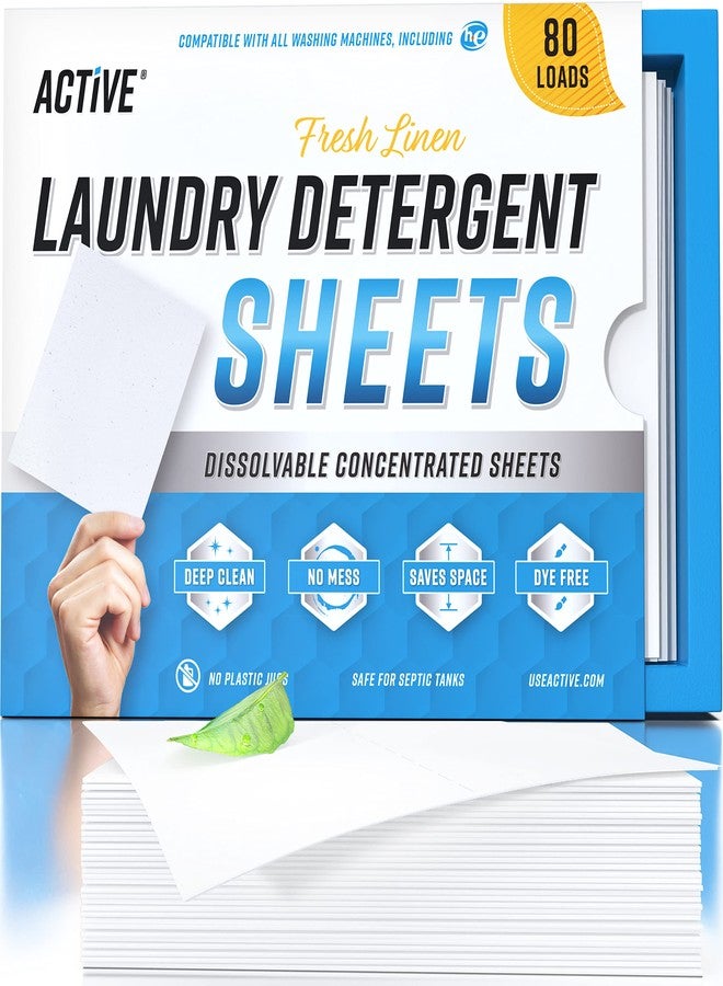 Active Laundry Detergent Sheets Eco Washing Strips - 80 Loads, Liquidless Fresh Scented Clothes Washer Sheet, Zero Waste Travel Laundry Strip, Dissolvable Space Saving Sheets for HE - Linen Scent - Image 1