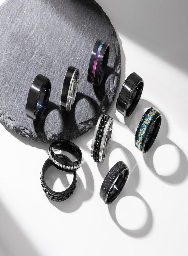EIELO 9Pcs Stainless Steel Band Rings for Men Women Cool Fidget Spinning Chain Ring Anxiety Relief Fashion Simple Wedding Engagement Black Ring Set Size9 - Image 3