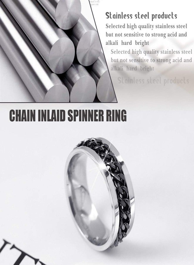 EIELO 9Pcs Stainless Steel Band Rings for Men Women Cool Fidget Spinning Chain Ring Anxiety Relief Fashion Simple Wedding Engagement Black Ring Set Size9 - Image 4
