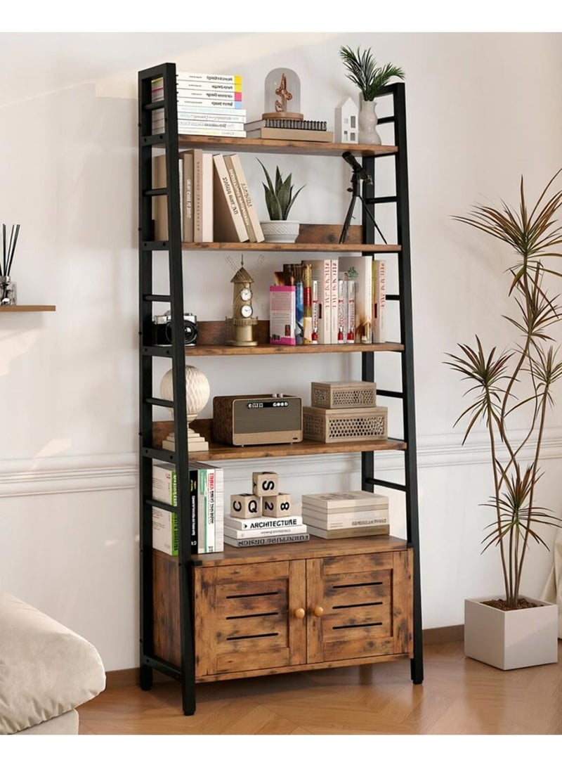 GoldenLike Ladder Bookshelf with Cabinet, 178cm Freestanding Storage Shelf with Metal Frame for Living Room, Home Office, Bedroom - Image 1