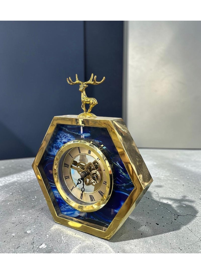 Luxury Hexagonal Table Clock - Gold Frame with Blue Marble Pattern & Deer Statue - Elegant Home & Office Decor. - Image 1