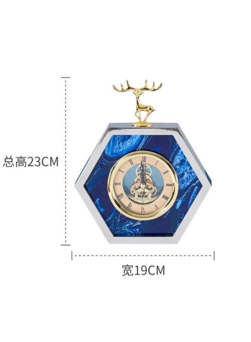 Luxury Hexagonal Table Clock - Gold Frame with Blue Marble Pattern & Deer Statue - Elegant Home & Office Decor. - Image 2