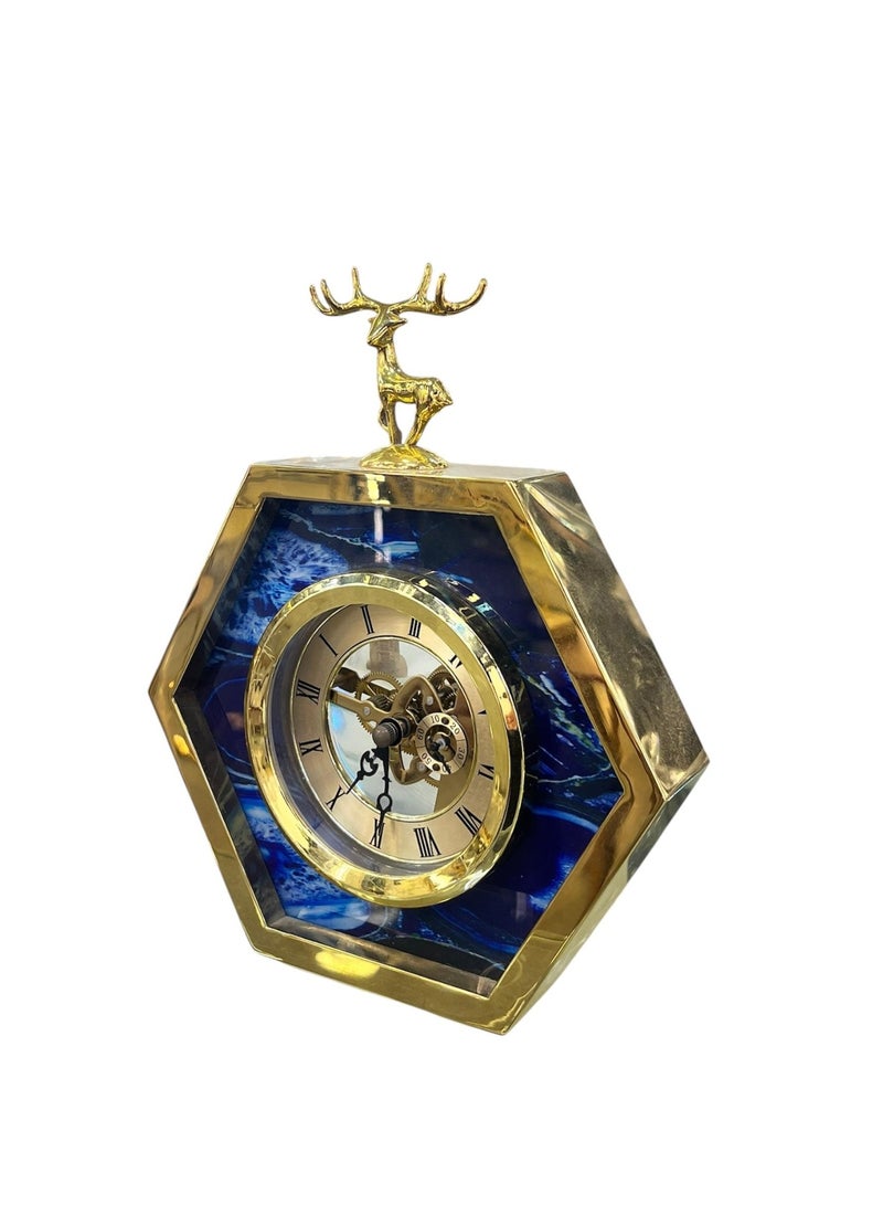 Luxury Hexagonal Table Clock - Gold Frame with Blue Marble Pattern & Deer Statue - Elegant Home & Office Decor. - Image 3