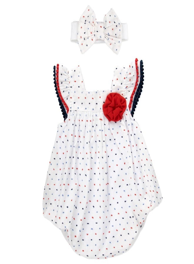 Baby Essentials Baby Girl Romper with Headband,100% Cotton Infant Outfit Spring Summer Baby Clothes, (3 Months, White Blue Red Rose) - Image 1