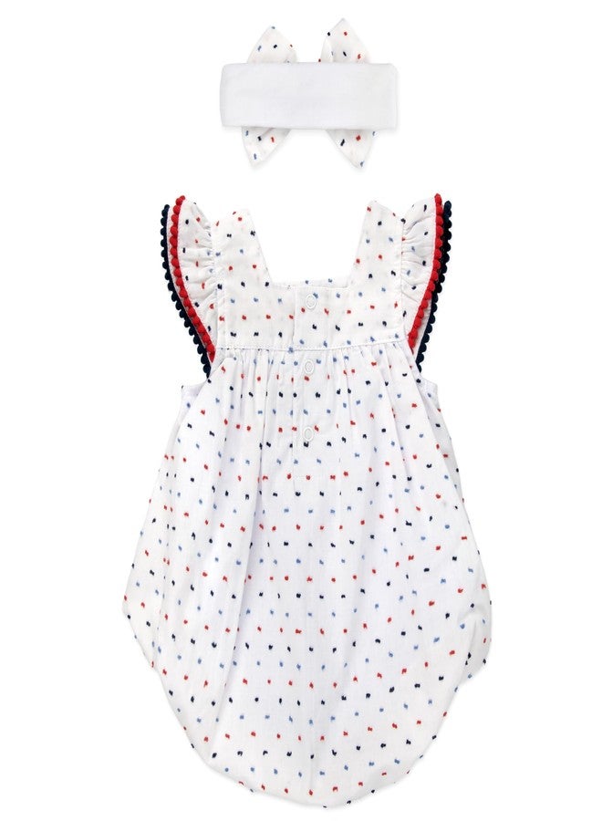 Baby Essentials Baby Girl Romper with Headband,100% Cotton Infant Outfit Spring Summer Baby Clothes, (3 Months, White Blue Red Rose) - Image 2