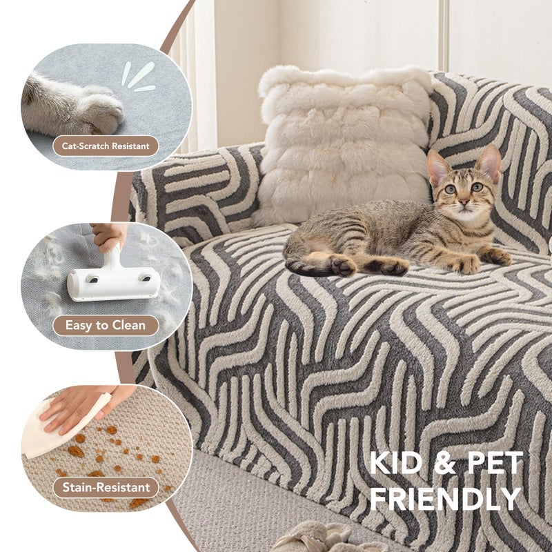 KaviKon Non Slip Couch Covers for 3 Cushion, Scratch Resistant Pet Friendly Sofa Couch Covers for Dogs, Sherpa Velvet Protectors Slipcovers, Washable Furniture Covers, 71" x 118", Geometric Wave Grey - Image 3