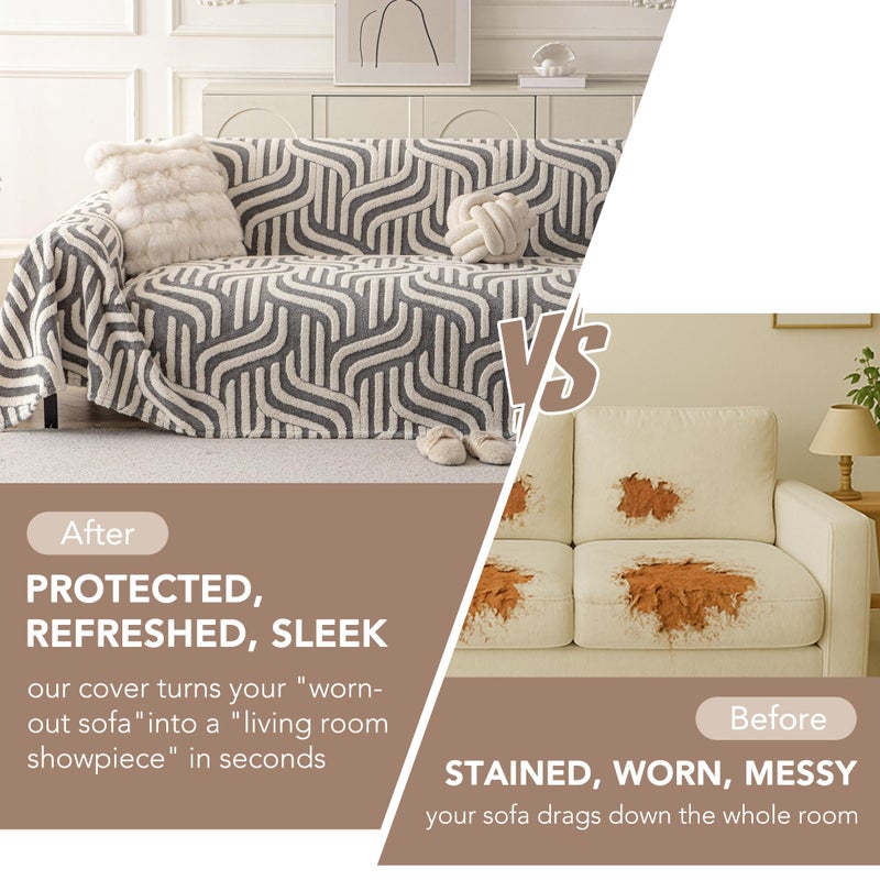 KaviKon Non Slip Couch Covers for 3 Cushion, Scratch Resistant Pet Friendly Sofa Couch Covers for Dogs, Sherpa Velvet Protectors Slipcovers, Washable Furniture Covers, 71" x 118", Geometric Wave Grey - Image 4