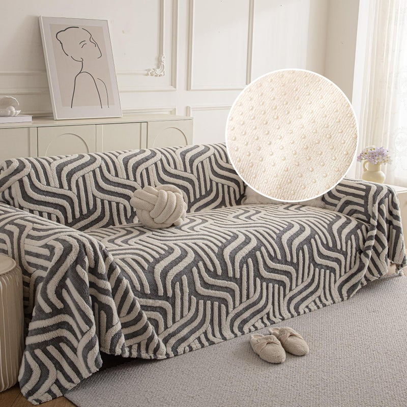 KaviKon Non Slip Couch Covers for 3 Cushion, Scratch Resistant Pet Friendly Sofa Couch Covers for Dogs, Sherpa Velvet Protectors Slipcovers, Washable Furniture Covers, 71" x 118", Geometric Wave Grey - Image 1