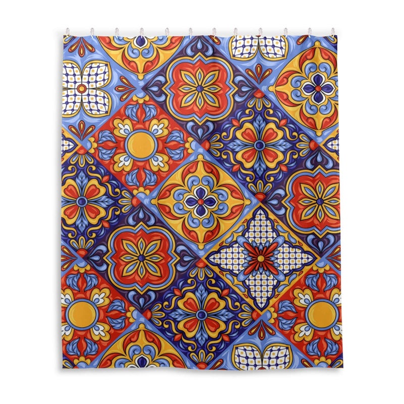 WELLDAY Shower Curtain Mexican Talavera Ceramic Tile Pattern Bathroom Decor Waterproof Fabric with Hooks 60x72 Inch - Image 1