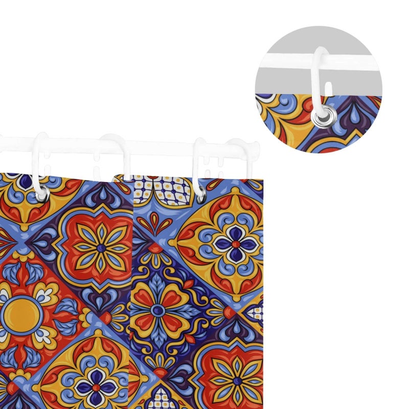 WELLDAY Shower Curtain Mexican Talavera Ceramic Tile Pattern Bathroom Decor Waterproof Fabric with Hooks 60x72 Inch - Image 5
