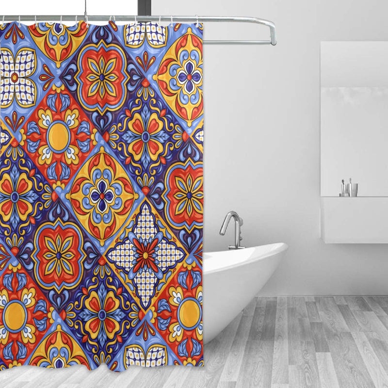WELLDAY Shower Curtain Mexican Talavera Ceramic Tile Pattern Bathroom Decor Waterproof Fabric with Hooks 60x72 Inch - Image 2