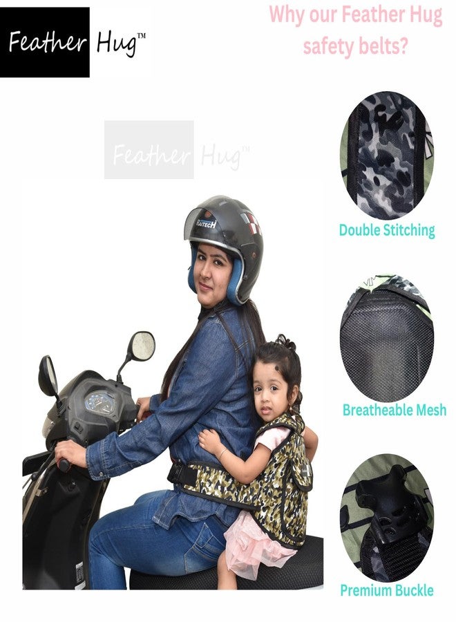 Feather Hug® -Two Wheeler Safety Belt for Kids – Bike Safety Belt for Kids with Adjustable Straps, Child Safety Belt for Two Wheeler, Baby Safety Belt for 2 Wheeler with double stitch(Defence Green) - Image 2
