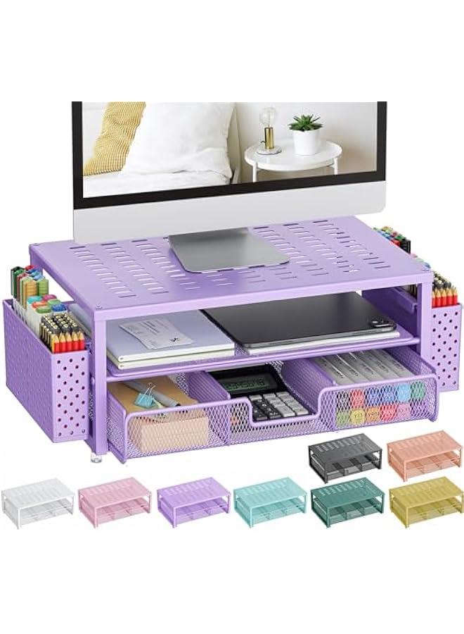 Arabest Desk Organizers and Accessories, Monitor Stand with Drawer and 2 Pen Holder, Purple Desk Accessories, Computer Stand Suitable for Offices and Dormitories (Purple) - Image 1