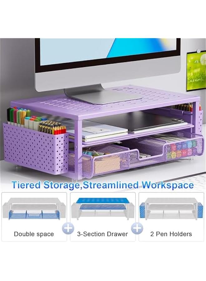 Arabest Desk Organizers and Accessories, Monitor Stand with Drawer and 2 Pen Holder, Purple Desk Accessories, Computer Stand Suitable for Offices and Dormitories (Purple) - Image 3