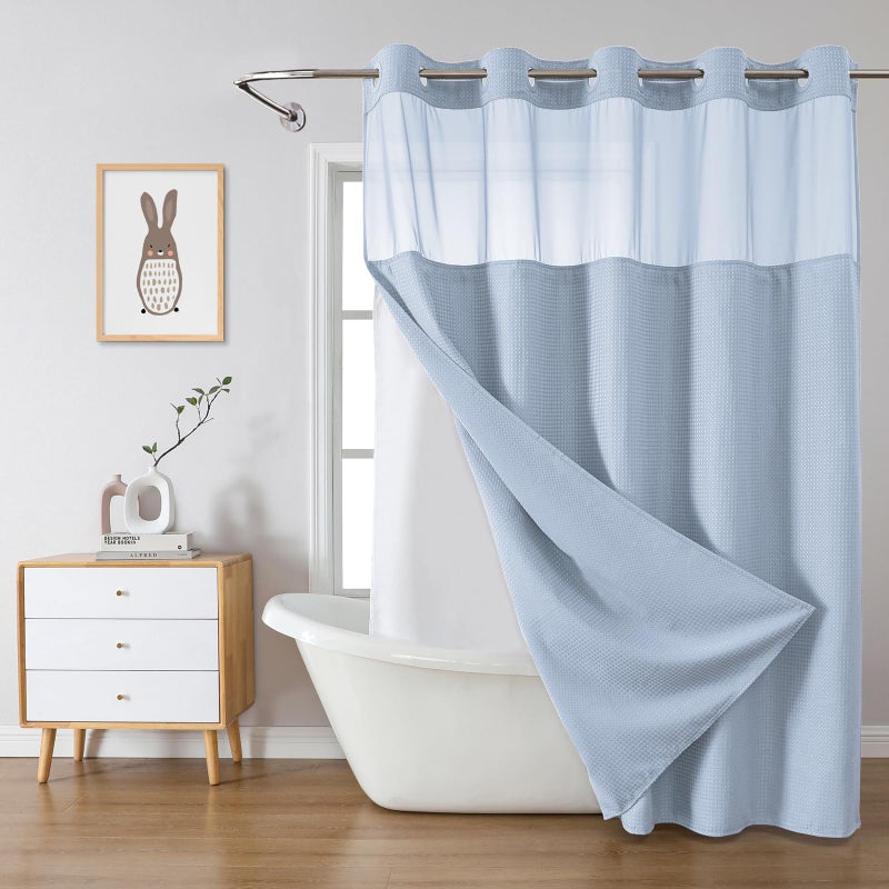 eachope FrostBlue No Hook Waffle Weave Shower Curtain with snap-in Liner Replacement, 230GSM Waterproof Fabric Hotel Shower Curtain Set for Bathroom, Through Mesh Top Window,71Wx74H - Image 1