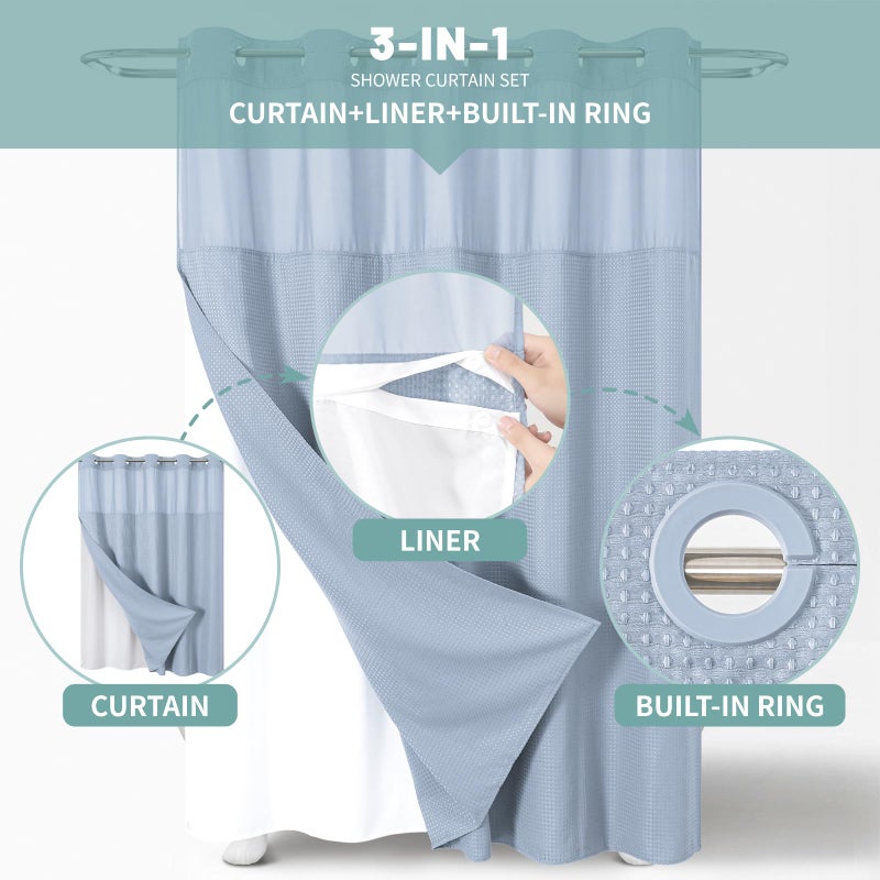 eachope FrostBlue No Hook Waffle Weave Shower Curtain with snap-in Liner Replacement, 230GSM Waterproof Fabric Hotel Shower Curtain Set for Bathroom, Through Mesh Top Window,71Wx74H - Image 2