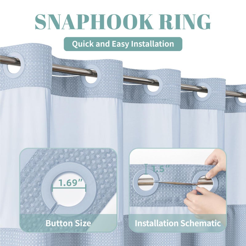 eachope FrostBlue No Hook Waffle Weave Shower Curtain with snap-in Liner Replacement, 230GSM Waterproof Fabric Hotel Shower Curtain Set for Bathroom, Through Mesh Top Window,71Wx74H - Image 4