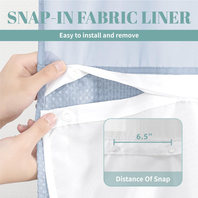 eachope FrostBlue No Hook Waffle Weave Shower Curtain with snap-in Liner Replacement, 230GSM Waterproof Fabric Hotel Shower Curtain Set for Bathroom, Through Mesh Top Window,71Wx74H - Image 5