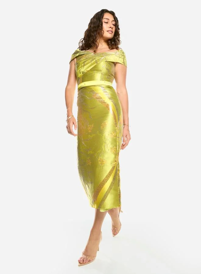 House of Moda Textured Off-Shoulder Sculpt Midi Dress