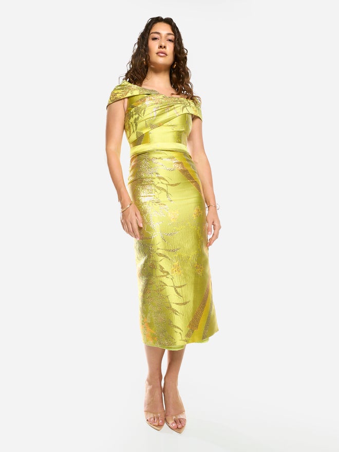 House of Moda Textured Off-Shoulder Sculpt Midi Dress - Image 1