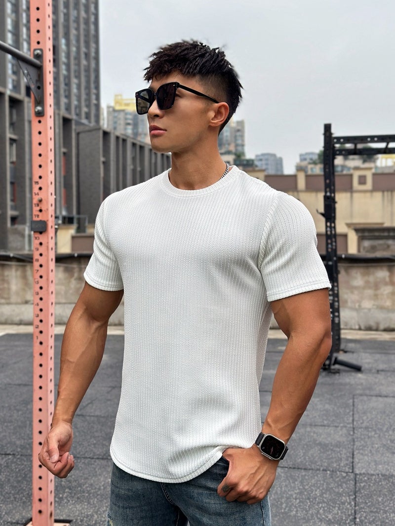 American Summer Muscle Fitness Brothers Slim Trendy Brand Short-Sleeved Men'S Meteor Pattern Pure Color T-Shirt Training Round Neck Top - Image 3