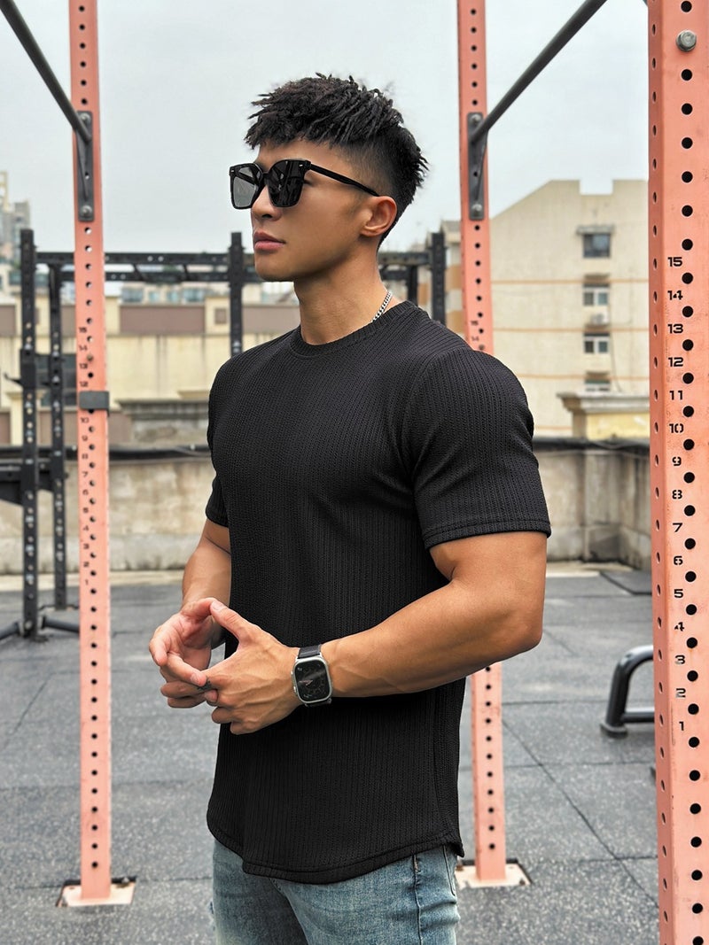 American Summer Muscle Fitness Brothers Slim Trendy Brand Short-Sleeved Men'S Meteor Pattern Pure Color T-Shirt Training Round Neck Top - Image 4