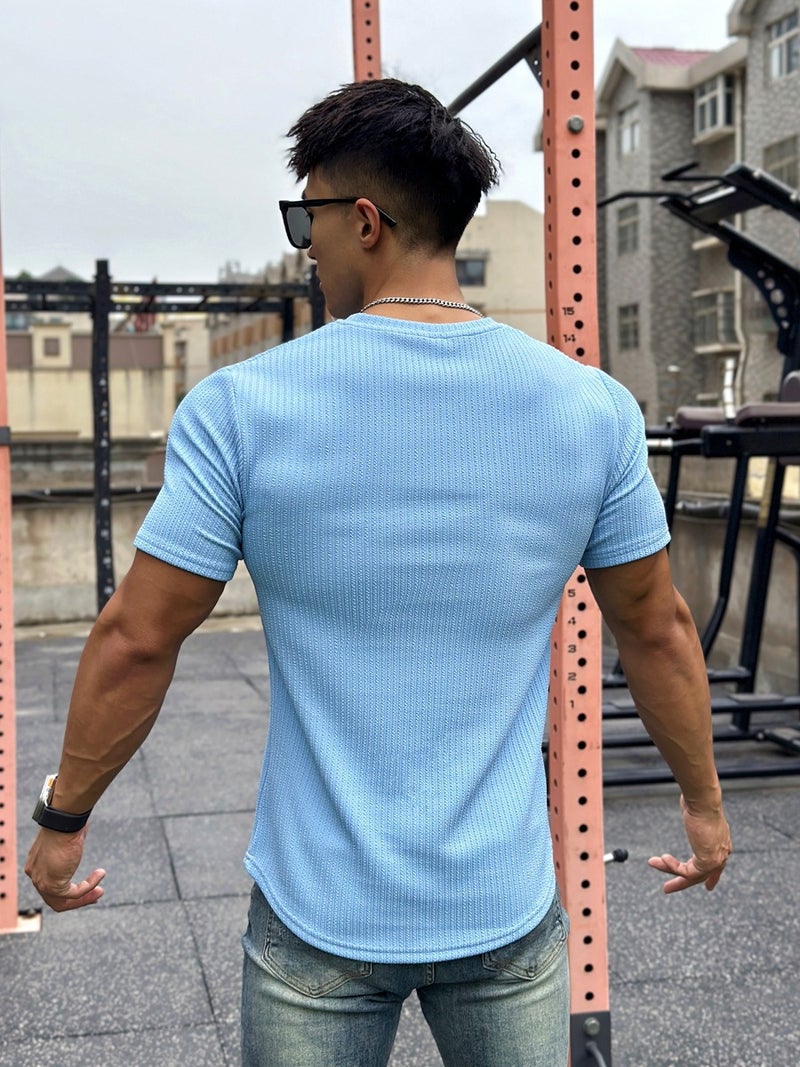 American Summer Muscle Fitness Brothers Slim Trendy Brand Short-Sleeved Men'S Meteor Pattern Pure Color T-Shirt Training Round Neck Top - Image 5