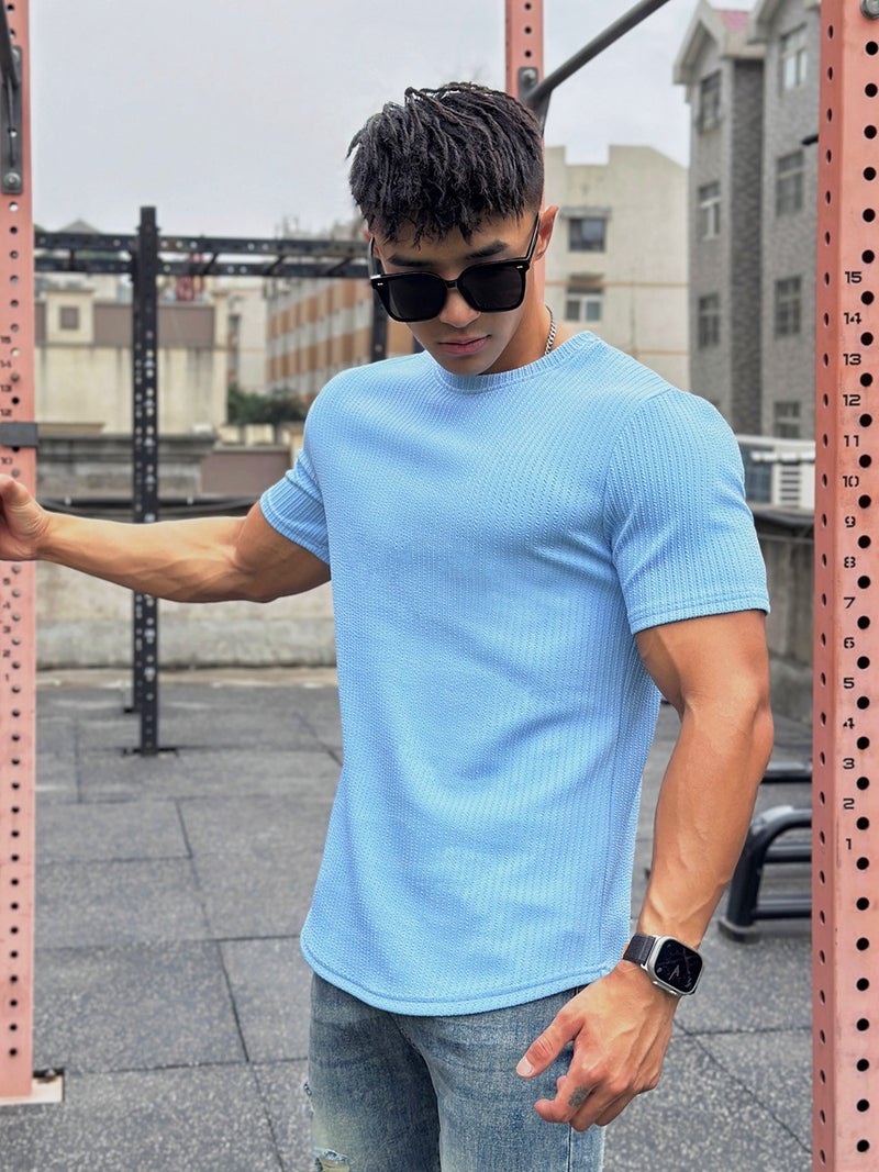 American Summer Muscle Fitness Brothers Slim Trendy Brand Short-Sleeved Men'S Meteor Pattern Pure Color T-Shirt Training Round Neck Top - Image 2