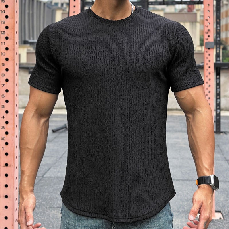 American Summer Muscle Fitness Brothers Slim Trendy Brand Short-Sleeved Men'S Meteor Pattern Pure Color T-Shirt Training Round Neck Top - Image 1