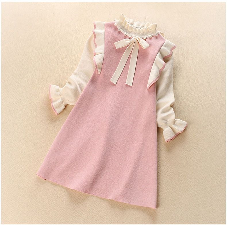 Girls Sweater Dress Western Style Spring and Autumn Childrens College Style Autumn Princess Dress Girls Autumn and Winter New Knitted Dress Pink