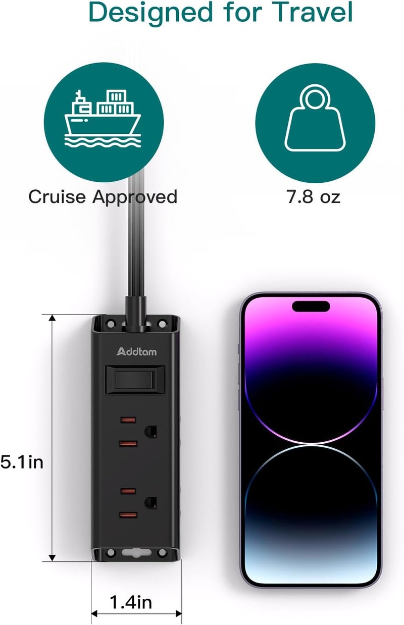 Addtam Cruise Essentials - Flat Plug Power Strip, 5 ft Ultra Flat Extension Cord with 6 Outlets Extender, No Surge Protector for Cruise Ship, Travel, Dorm, Home Office,Black - Image 4
