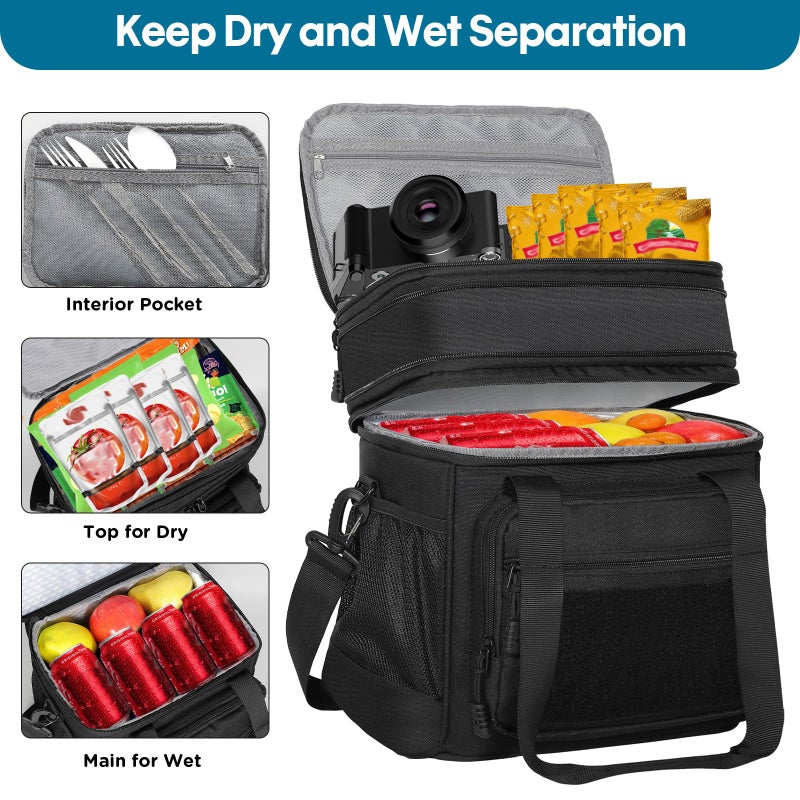 GLENKEY Double Deck Insulated Lunch Box, Expandable Large Lunch Bag Leakproof Cooler Bag Lunch Pail for Men Women Adults Work Shifts Travel Daytrip, Black - Image 2