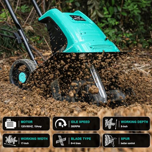 IncwBo Tiller Cultivator 17 inch 15 Amp 6 Steel Tines Tillers for Gardening Electric Rototiller for Garden Yard - Image 2