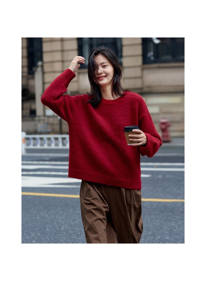 Dme Wild Forest Sweater Winter Knitted Pullover Retro White-enhancing Lazy Style Round Neck Sweater Women Red M - Image 2