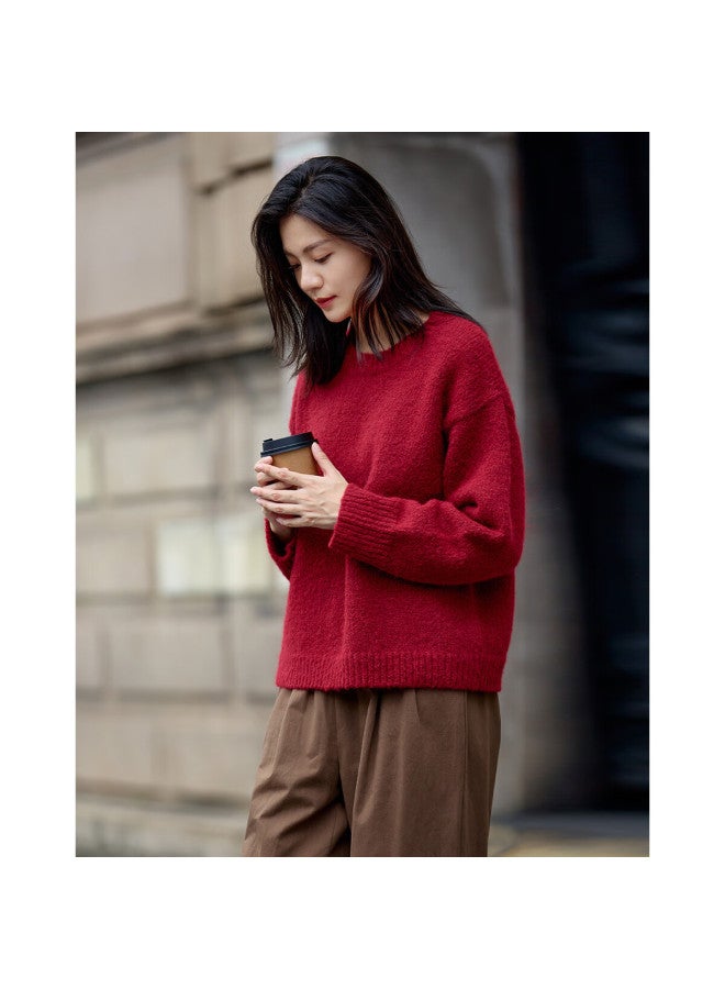 Dme Wild Forest Sweater Winter Knitted Pullover Retro White-enhancing Lazy Style Round Neck Sweater Women Red M - Image 1