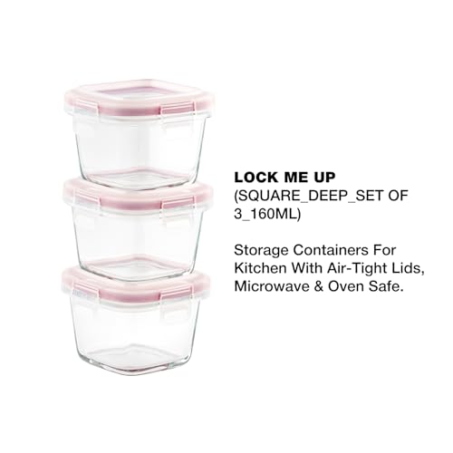 DUBBLIN Lock Me Up Glass Heat Resistant Borosilicate Glass Container Set of 3, 160ml - Square, Clear | Oven, Freezer & Microwave Safe Storage Solution (3 Piece) - Image 2