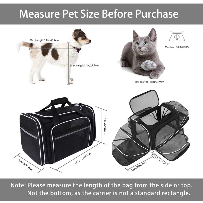 MASKEYON TSA Airline Approved Large Pet Travel Carrier,4 Sides Expandable with 2 Mesh Pockets,3 Entry, Soft Sided Collapsible Dog Carrier for 2 Cats,Kittens,Puppies,Dog, X-Large, Black & White - Image 2
