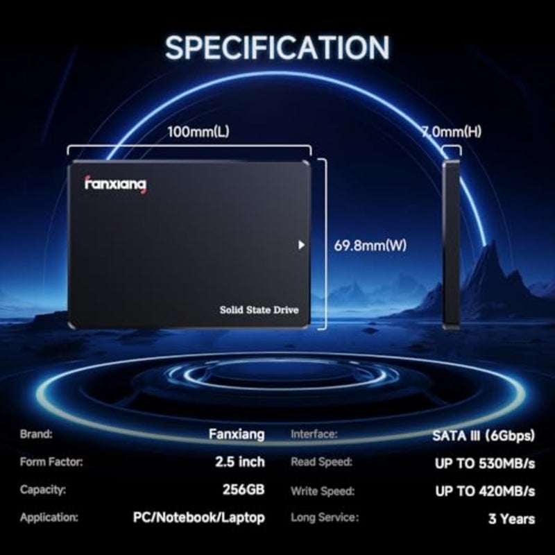 تطبيق SSD داخلي للكمبيوتر المحمول والكمبيوتر الشخصي، 3D NAND مع ذاكرة تخزين مؤقت SLC، أسود، سرعة قراءة تصل إلى 530 ميجابايت/ثانية، سمك 7 مم، واجهة SATA III 6 جيجابايت/ثانية - Image 4