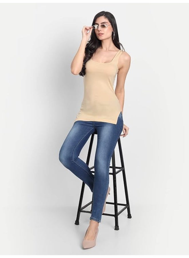 Aimly Women's Regular Fit Sleeveless Cotton Camisole Slip Spaghetti Combo Pack of 3, Contains 2 Black and 1 Beige Color - Image 2